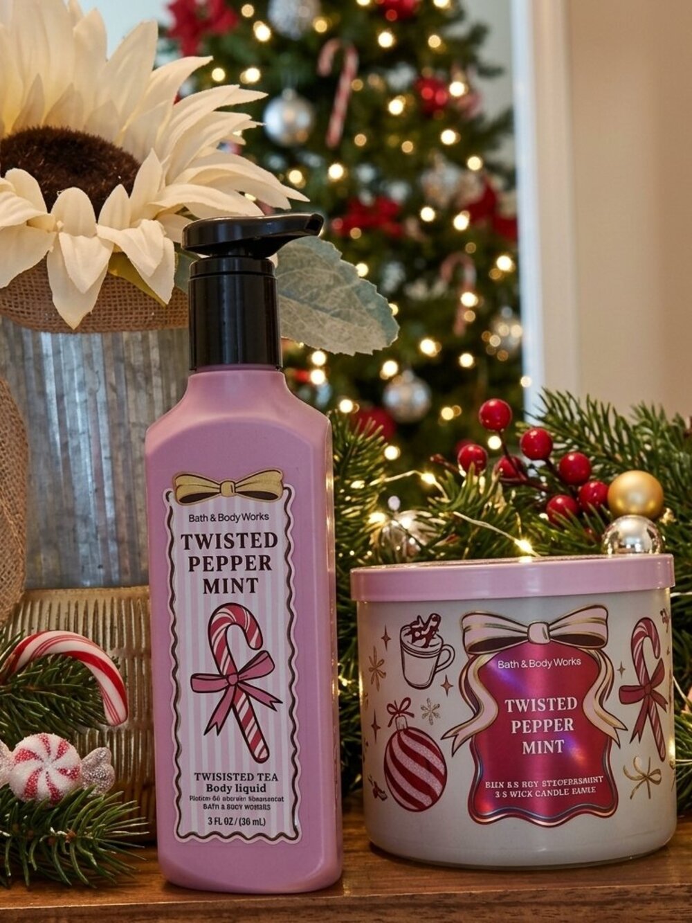 Bath & Body Works Twisted Peppermint Hand Soap & 3 wick Candle -
